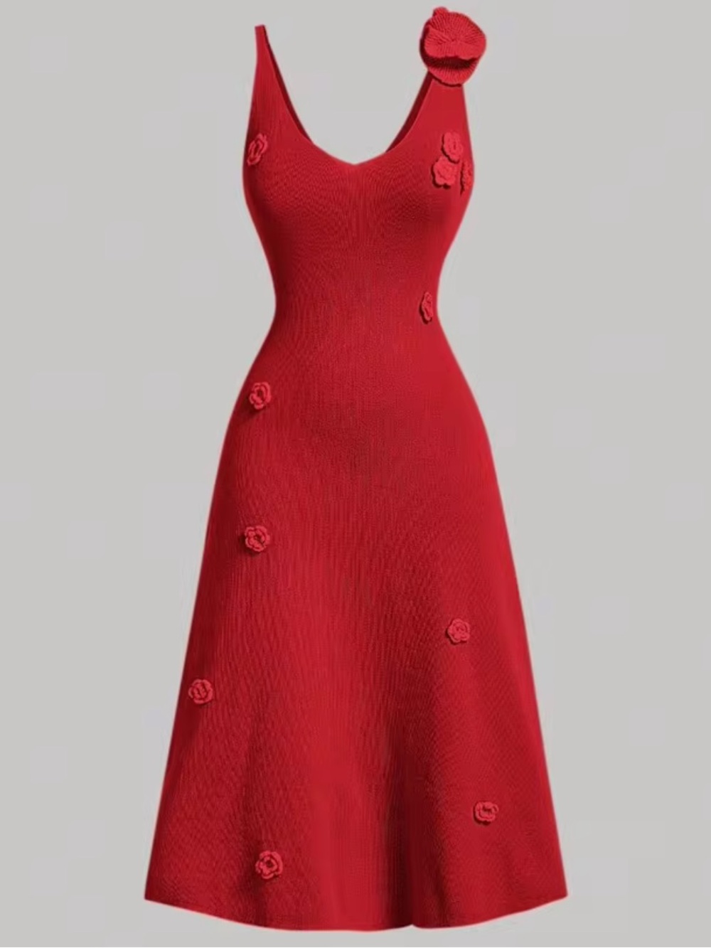 Large Red Floral Appliqué V-Neck Women’s Dress